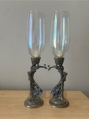 Peacock Pair Decorative Champagne Flutes - Silver with Blue Accents